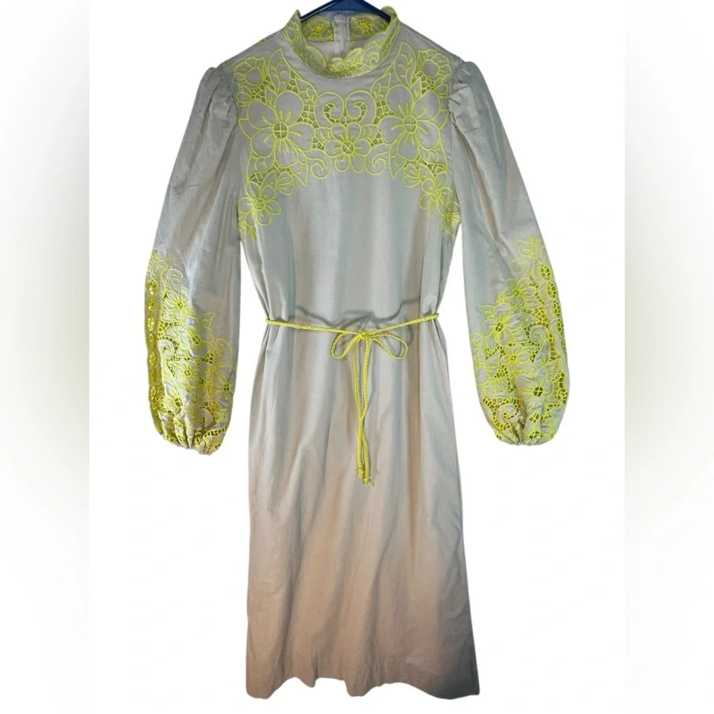 Byrd Maxi Dress Statement Sleeve Yellow Lace Mock Neck Size XS Like New